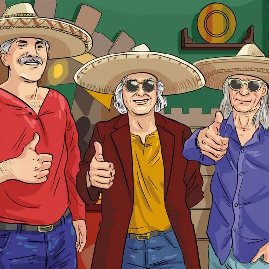 Jaime Prats, Moisés López y Kim Serra, el comité editorial de la revista, expandiendo la semilla cañamera al otro lado del charco. Ilustración: Cristóbal Fortúnez