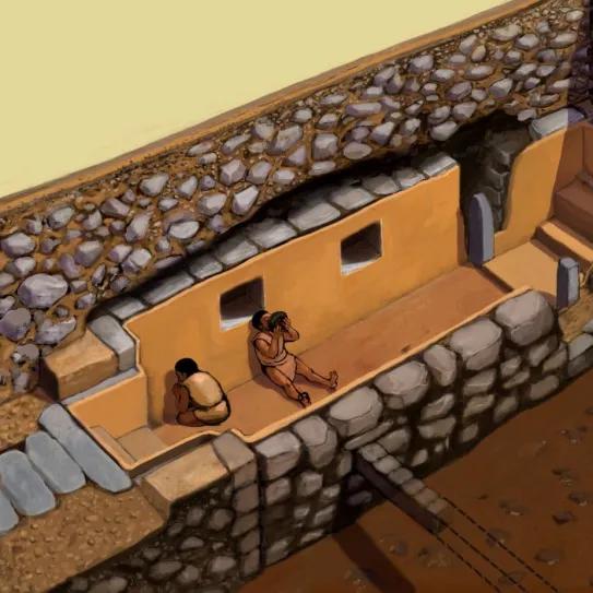 Ilustración de la cámara o galería en la que fueron hallados los tubos. Se trataba de un espacio privado con acceso limitado, lo que indica que el uso de psicodélicos formaba parte de un ritual exclusivo destinado a la élite. Crédito: Daniel Contreras