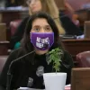Las diputada argentina Agustina Donnet  en la sesión de la Cámara de Diputados con una planta de marihuana.