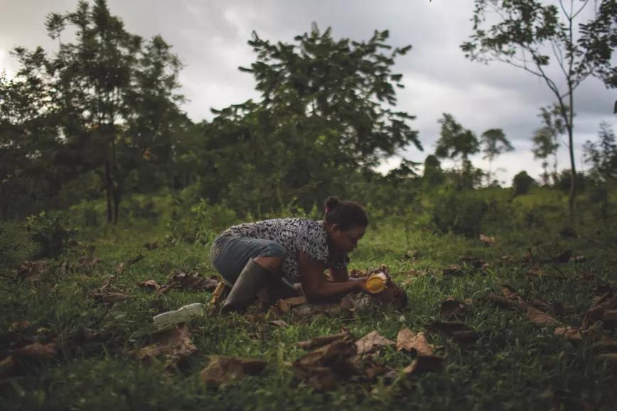 Marjori Mercado Acosta amamanta a un ternero recién nacido en La Chocoanita