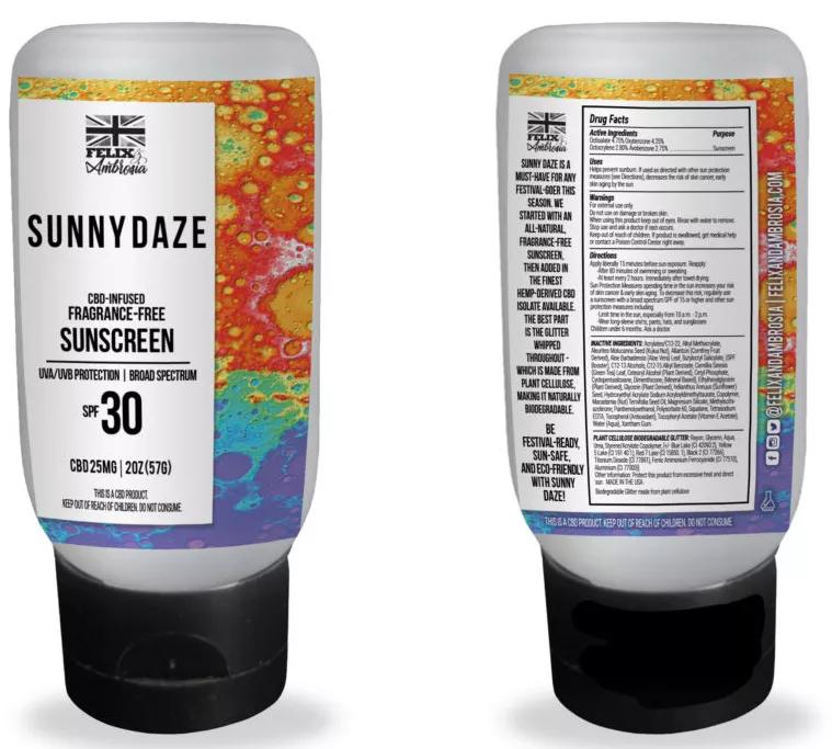 Sunny Daze CBD Sun Cream de Felix & Ambrosia: Crema solar con CBD pero ojo, con un punto extra: la crema viene con brillantina. No sabemos muy bien si la brillantina será peor remedio que enfermedad pero, ey, esto es trendy.