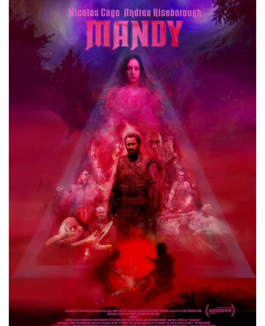 Mandy (Panos Cosmatos 2018):     Un engendro psicodélico que vas a odiar o te va a encantar. Nicholas Cage desbocado haciendo de sí mismo, pero con una motosierra. Un mal viaje psicodélico entre Hellraiser y la Familia Manson. Indispensable.