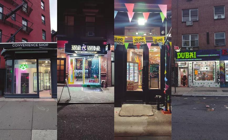 Fachadas de dispensarios sin licencia en Low East Side. Hay más de 1500 dispensarios de cannabis en Nueva York operando sin autorización.