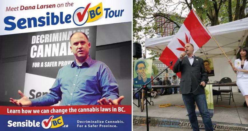 Larsen, en 2013, haciendo campaña en favor de la legalización. Y en 2011, arengando a las masas en favor de la libertad para Marc Emery.