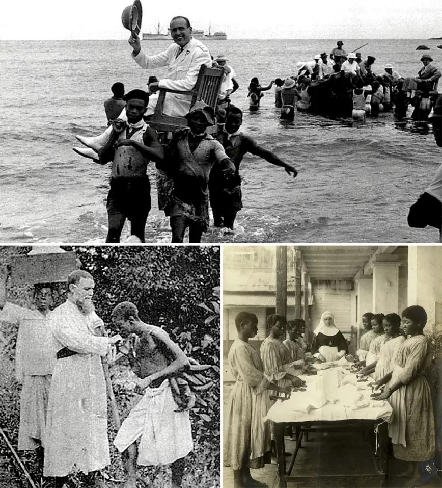 Estampas representativas de la colonización española de Guinea: desenbarco de un potentado, el obispo Nicolás González y una monja enseñando a planchar.  