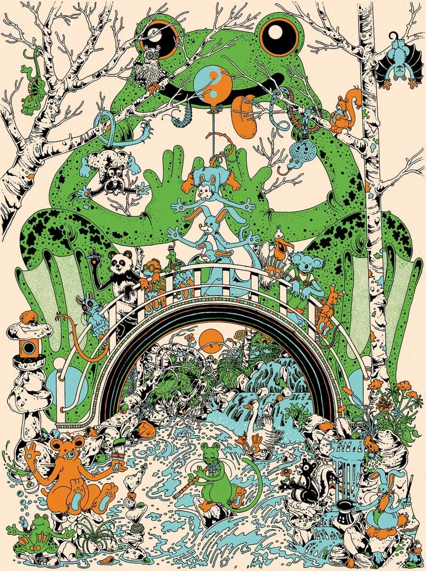 Las alucinadas y superpobladas ilustraciones de Blomerth han seducido a grupos como King Gizzard & The Lizard Wizard, Fleet Foxes o los históricos Grateful Dead. 