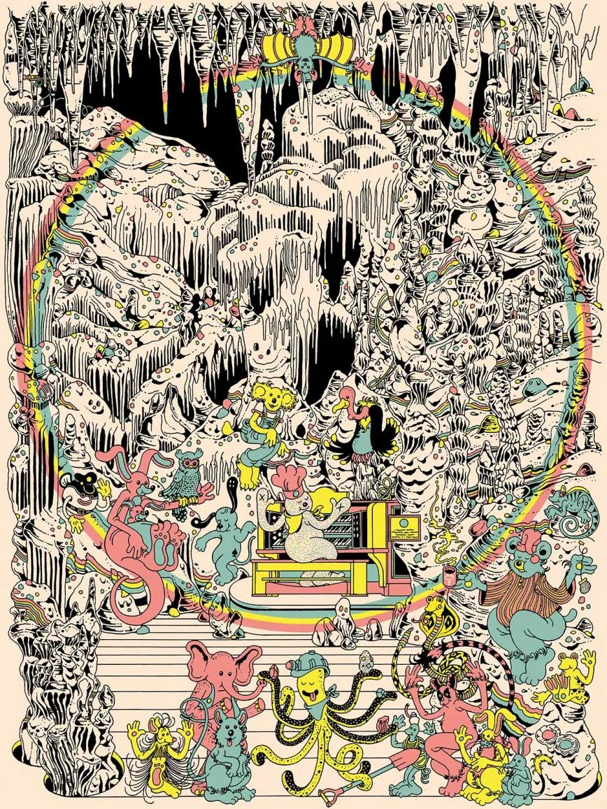 Ilustración para camiseta: en el interior de las Cavernas de Luray, en Virginia, Pillsbury Doughboy le da a las teclas del Great Stalacpipe Organ. ¡Música maestro!