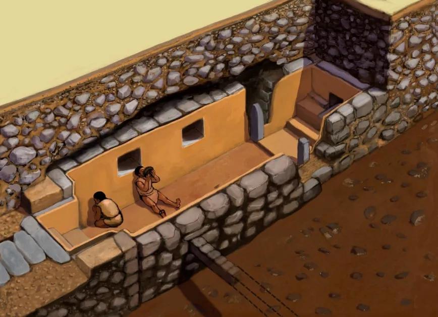 Ilustración de la cámara o galería en la que fueron hallados los tubos. Se trataba de un espacio privado con acceso limitado, lo que indica que el uso de psicodélicos formaba parte de un ritual exclusivo destinado a la élite. Crédito: Daniel Contreras