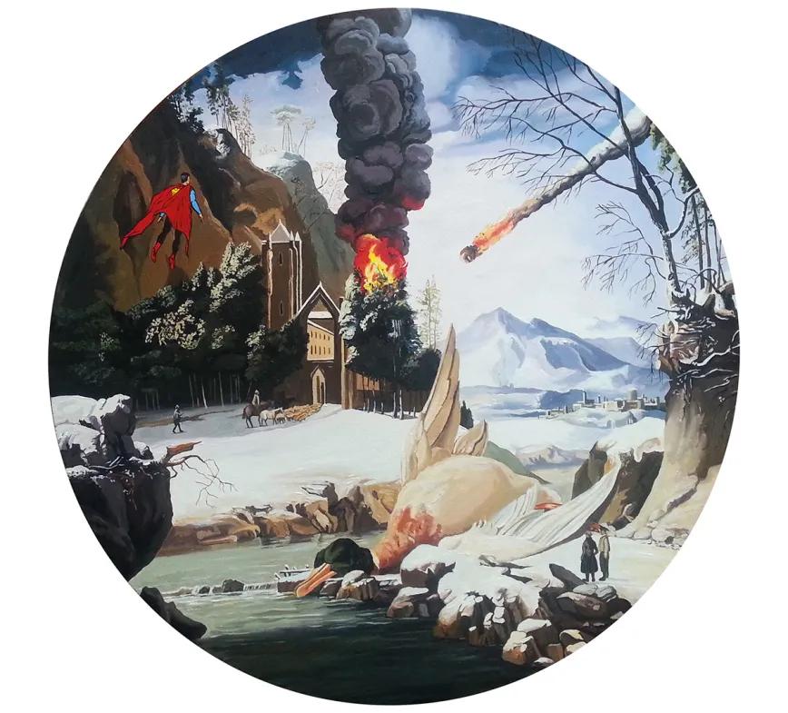 Óscar Seco. Caídos del cielo, 100 cm diámetro, acrílico sobre madera (2015).