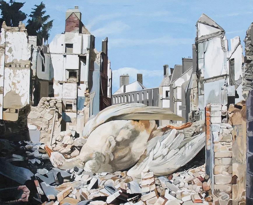 Óscar Seco.  Caídos del cielo, 130x162 cm, acrílico sobre tela (2014),