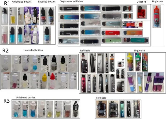 Cigarrillos electrónicos y cartuchos que contenian cannabinoides sintéticos.