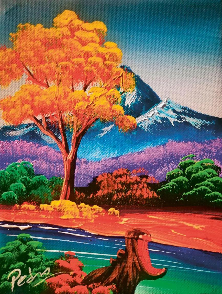 Sin título, de la serie 169 paisajes con hipopótamos, 2025. Acrílico sobre tela de Pedro Calzadilla.