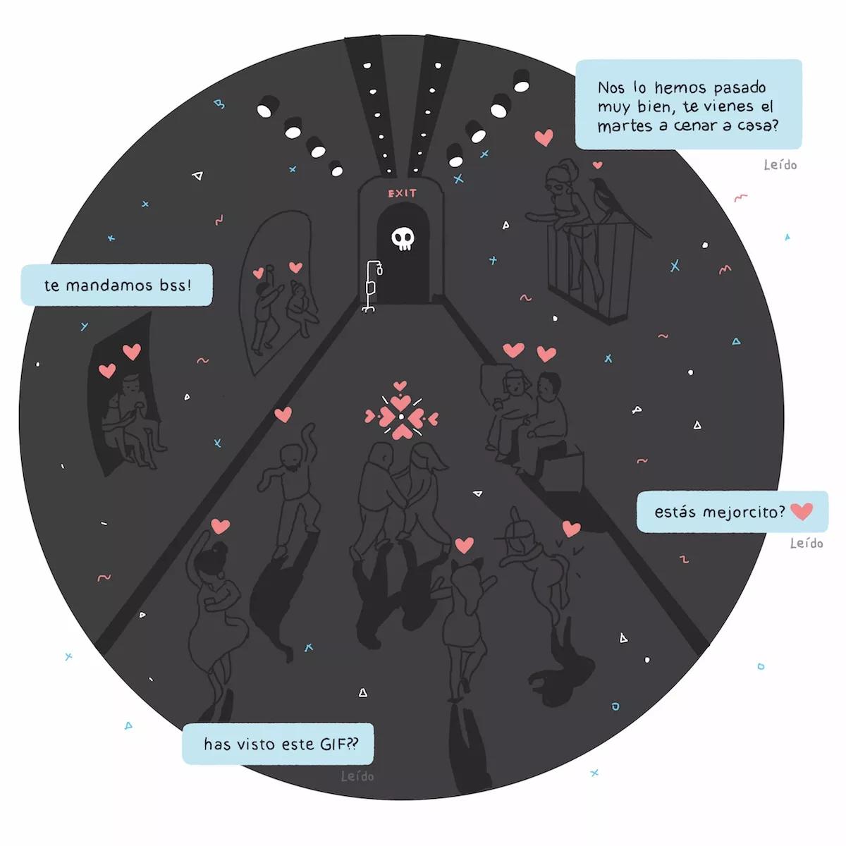 Dibujo poliamor con conversaciones y mensajes.