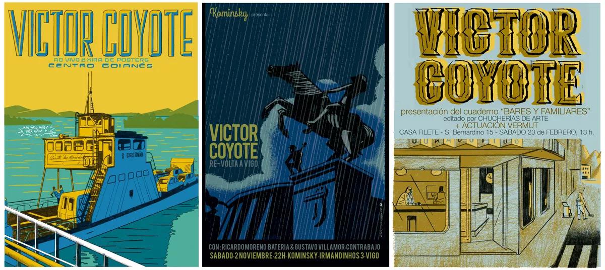 Carteles de conciertos de Víctor Coyote, dibujados por Víctor Coyote.
