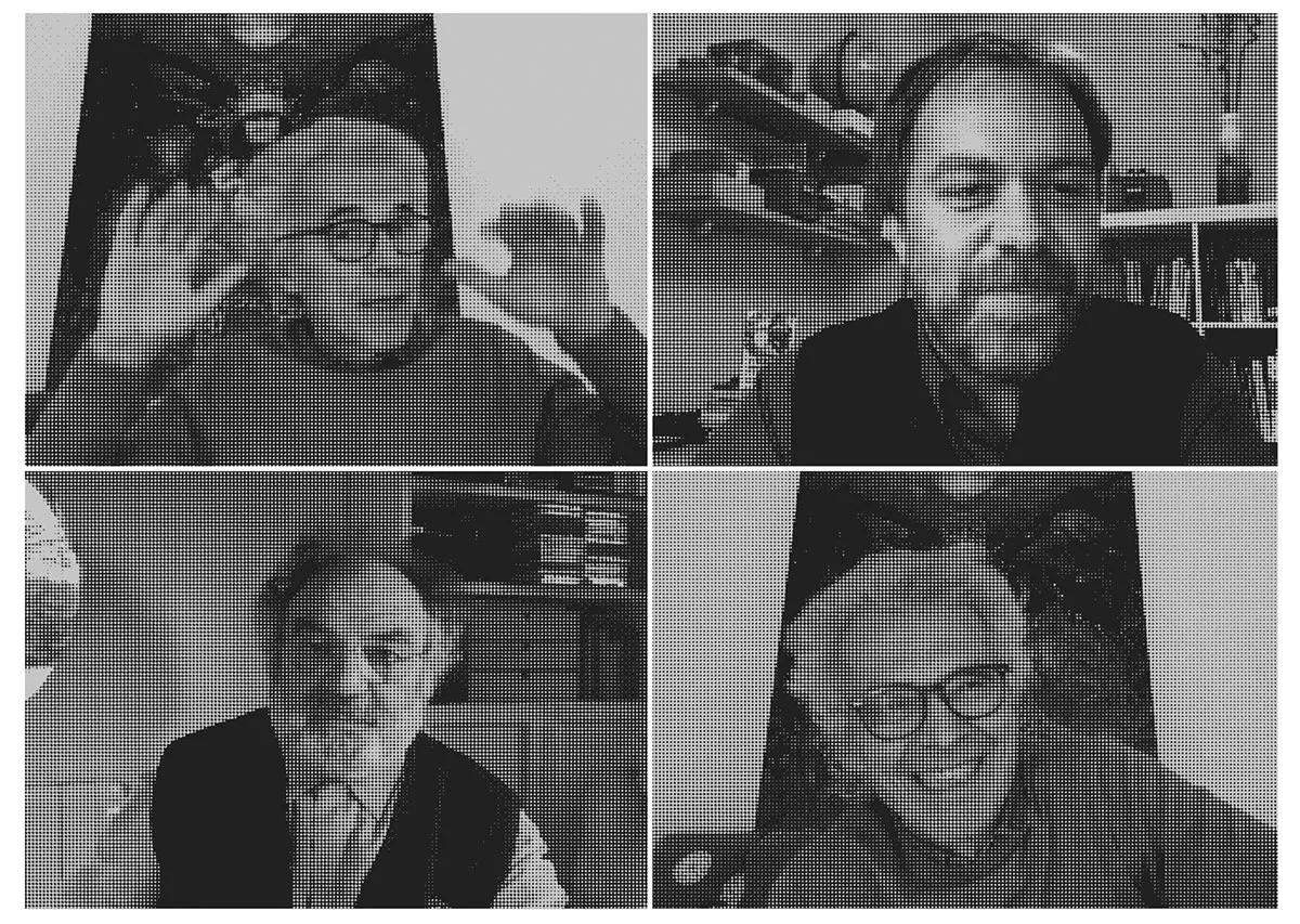 Capturas de la conversación por videoconferencia entre Víctor López, editor de Escola de Vida (arriba a la derecha), Josep Maria Fericgla, investigador y pionero de la cultura de los psicodélicos en España (abajo a la izquierda), y Giorgio Samorini, que interviene desde su casa en Mallorca con el cuadro Madre Medicina de Félix Pinchi a sus espaldas.