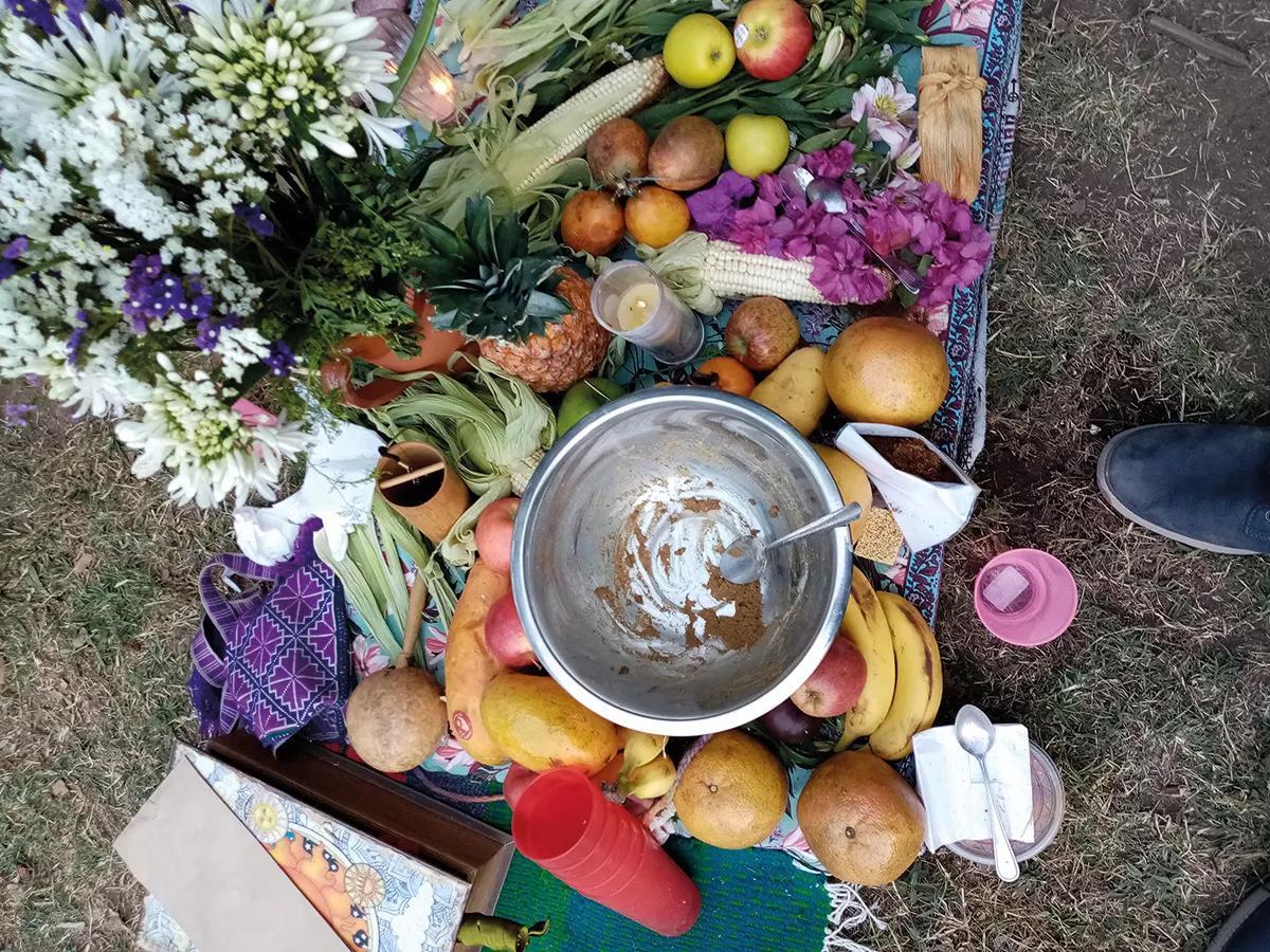 El final, los restos de la medicina y las frutas del altar.