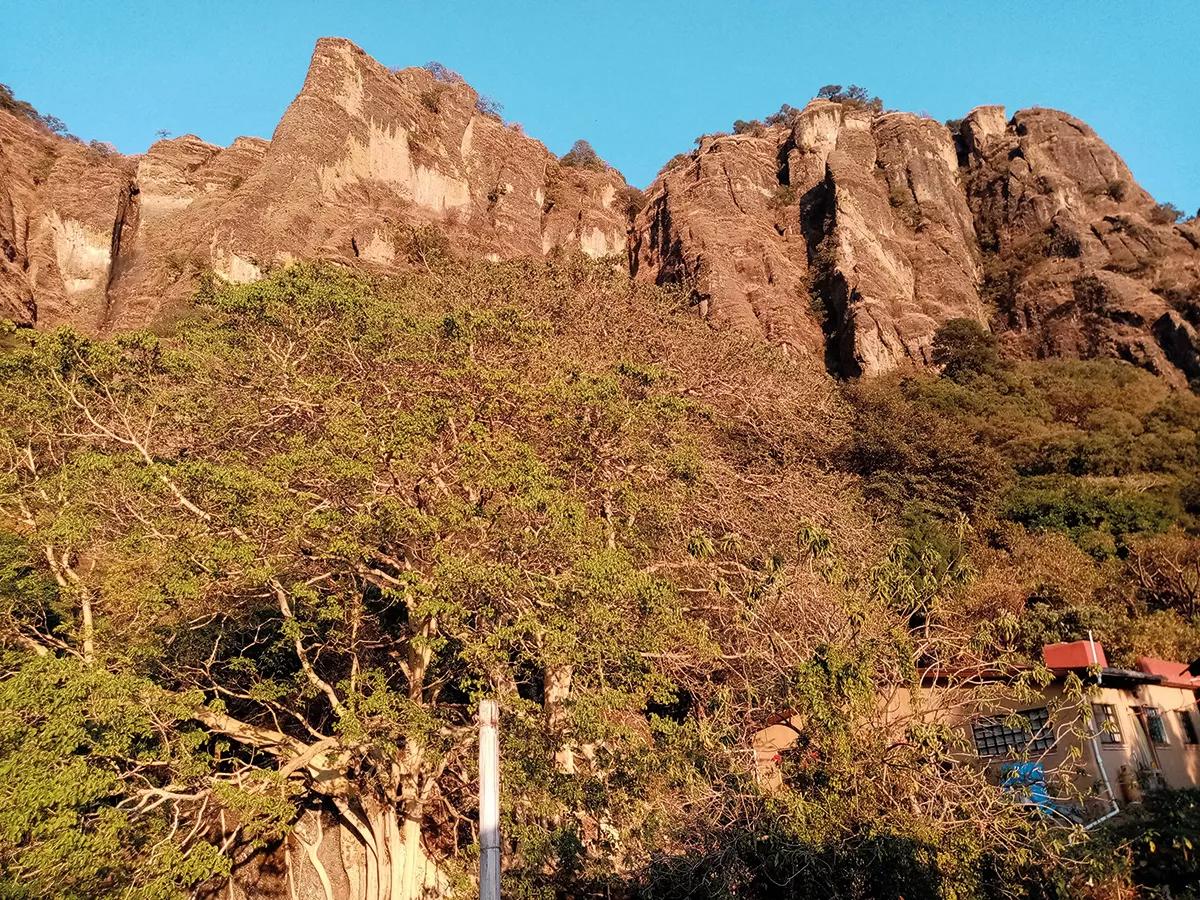 Sobre la casa y el árbol de amate, la montaña iluminada al atardecer, horas antes de empezar la ceremonia