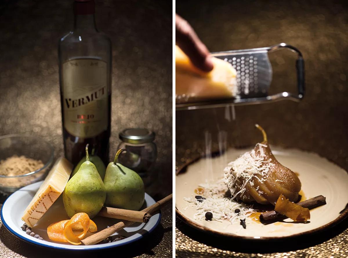 Peras al vermut con Grana Padano y White Widow x Cheese 