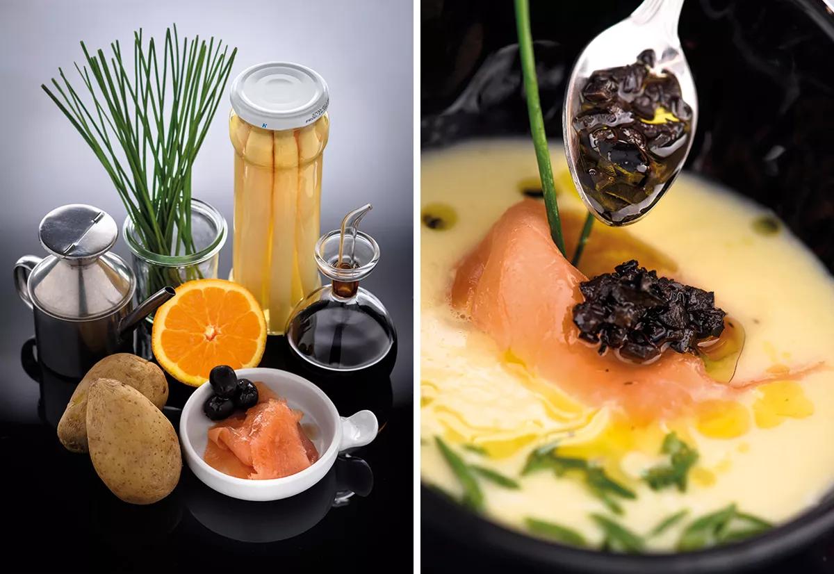 Crema fría de espárragos con salmón ahumado, Mandanga #5 y aceite de aceitunas negras 