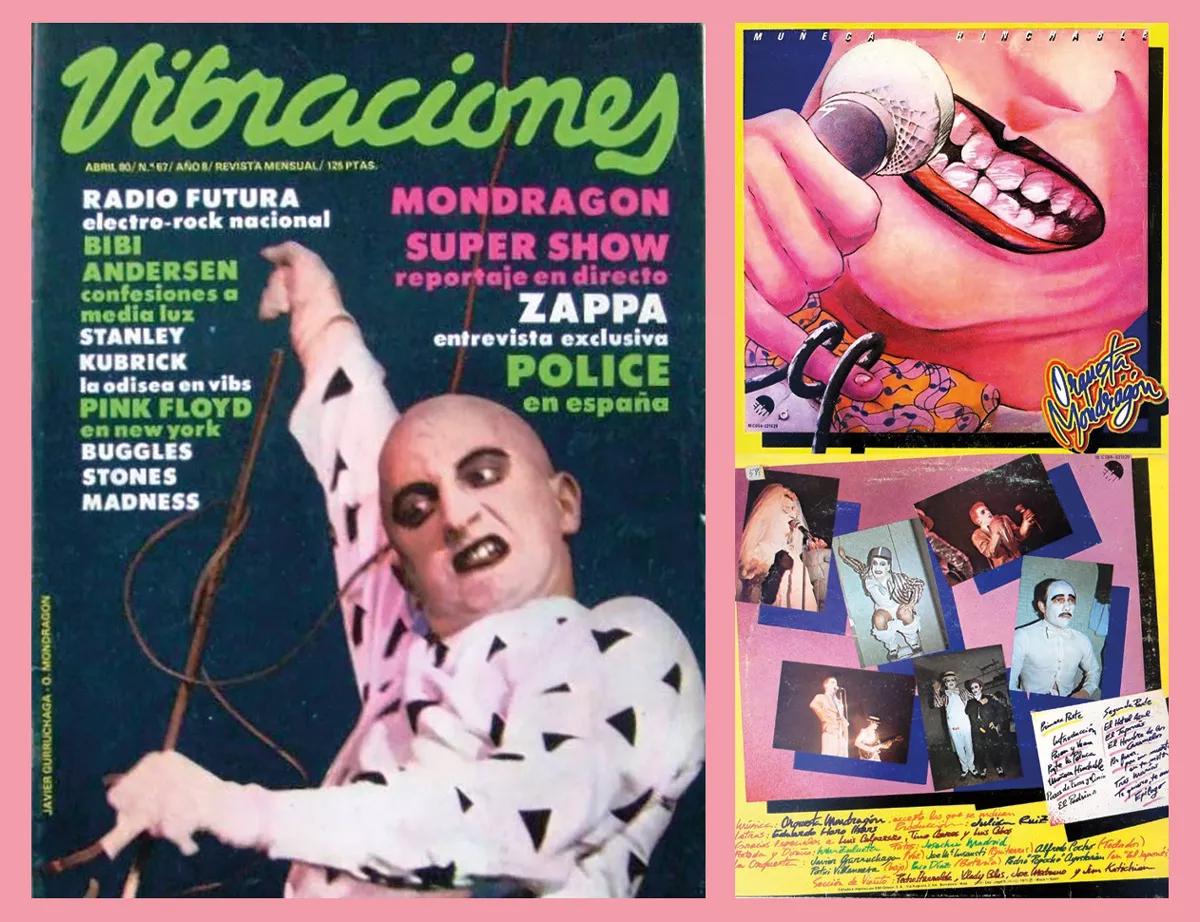 Portada de la revista Vibraciones y, bajo estas líneas, anverso y reverso del álbum de la Orquesta Mondragón Muñeca hinchable (1979).