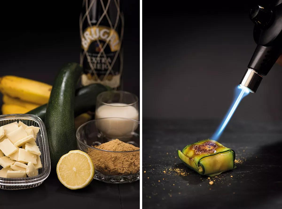 Raviolis de calabacín y plátano asado Kickass Auto con salsa de chocolate blanco 