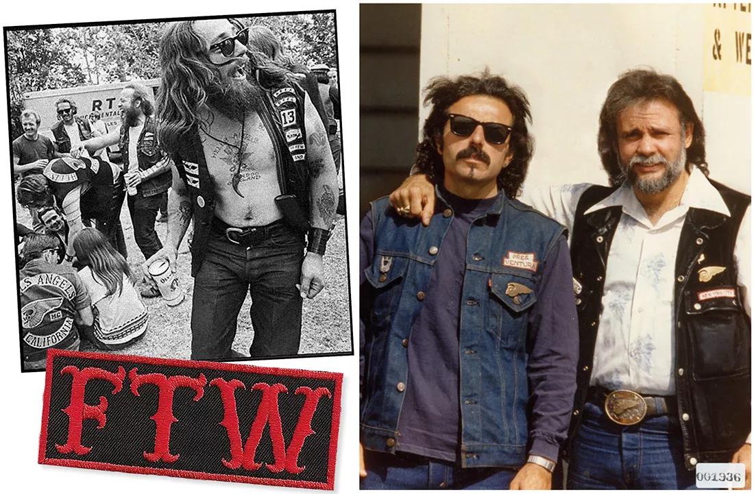 La tropa de los Hell’s Angels de California, durante una parada en el camino para refrescarse. Según algunos, las siglas FTW son la abreviatura de Forever Two Wheels  (“Por siempre sobre dos ruedas”); según otros, de Fuck The World (“Que se joda el mundo”). Sobre estas líneas, George Christie, presidente de la sección californiana del club,  y Sandy Alexander, presidente de la sección neoyorquina, cuando aún ejercían como tales, en 1983. 