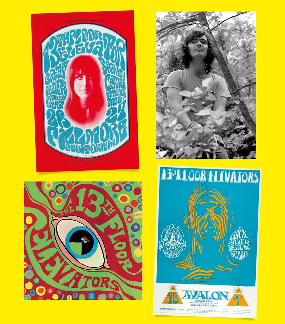 La iconografía lisérgica está presente en los carteles de sus conciertos, como estos dos ofrecidos en en San Francisco, en el Fillmore y en el Avalon, templos del sonido West Coast, en agosto y septiembre de 1966. Arriba, el cantante de la banda Roky Erickson y, sobre estas líneas, la portada de su primer disco The psychedelic sounds of the 13th Floor Elevators (1966)