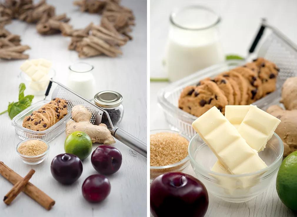 Crema de yogur y chocolate blanco con chutney de ciruelas rojas y Girl Scout Cookies