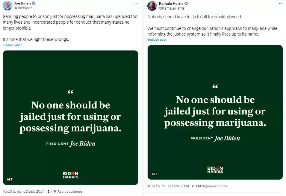 Joe Biden publicó en X su apoyo a la legalización del cannabis a las 4:20 del pasado 4/20