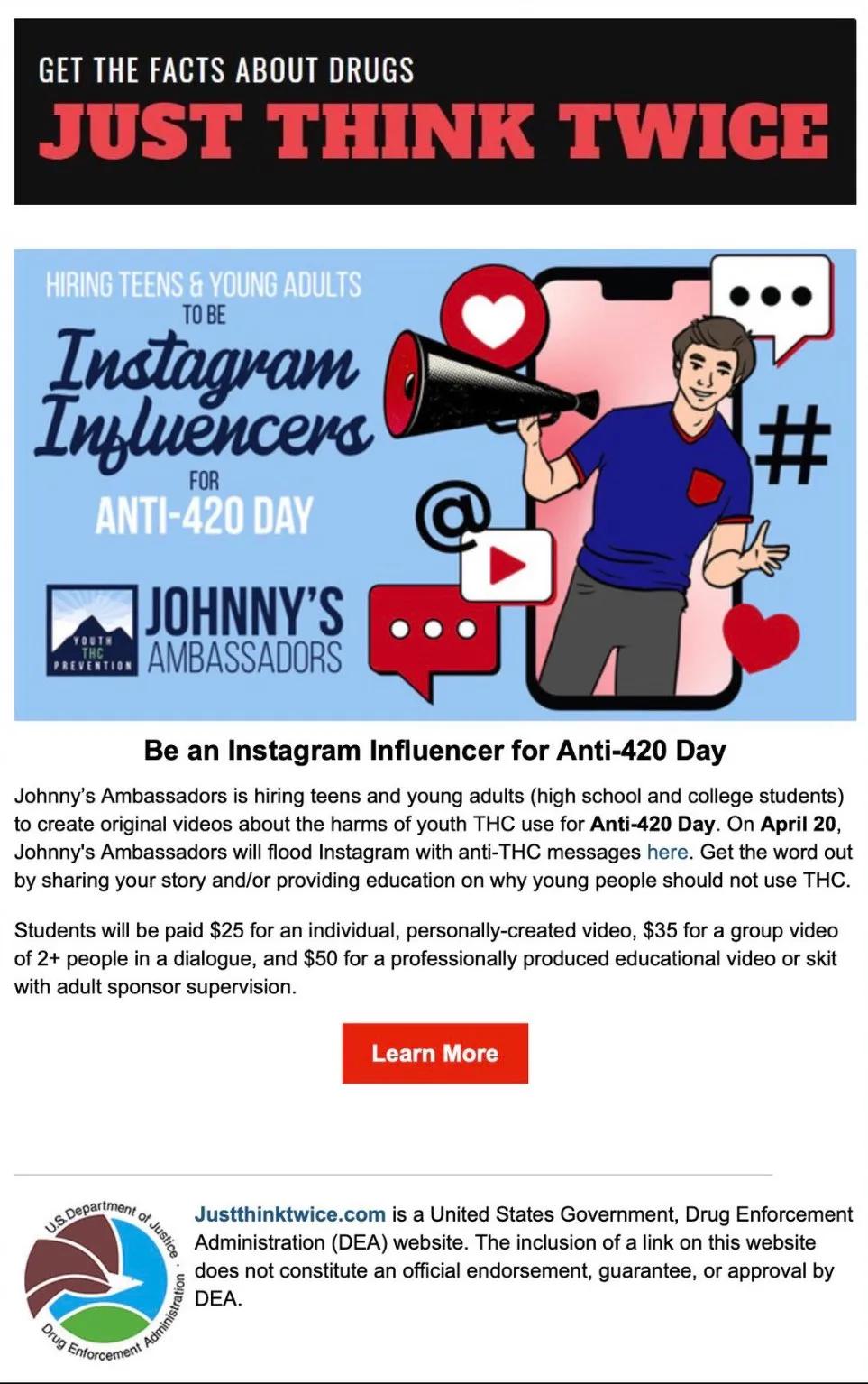 La DEA está reclutando jóvenes creadores de contenidos para hacer una campaña “Día Anti-420